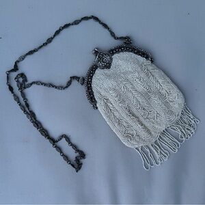 Vintage White Beaded Fringe Clutch with Ornate Silver Frame
